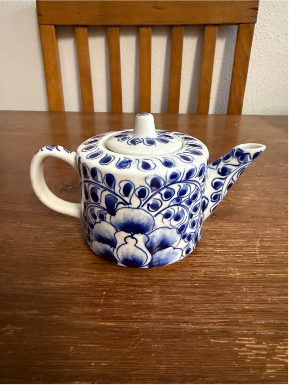 Vintage Hand Painted Blue White Floral Ceramic Teapot with Lid Folk Art Pottery